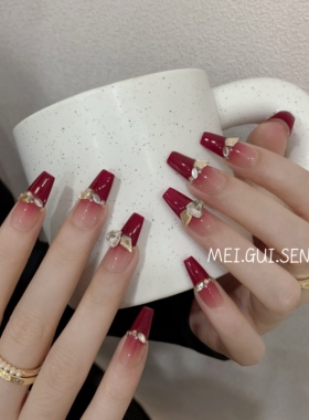 玫瑰森林爱如潮水红色渐变全钻穿戴甲手作显白法式长款美甲成品