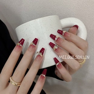 玫瑰森林爱如潮水红色渐变全钻穿戴甲手作显白法式 美甲成品 长款
