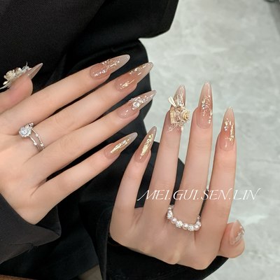 玫瑰森林花知晓蝴蝶香槟钻爆闪穿戴甲手作中长款法式杏仁美甲贴片