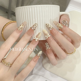 玫瑰森林小千金手工穿戴甲小众显白亮晶晶美甲法式 杏仁甲成品 长款