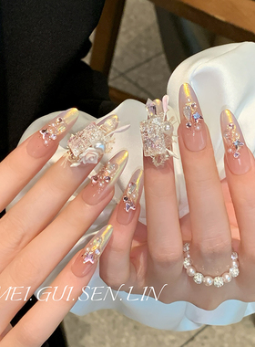 玫瑰森林甜御蕾丝手工穿戴甲粉色渐变高级感甜酷法式闪钻新款美甲