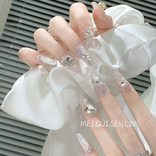 法式 流星雨手工定制穿戴甲中长款 温柔显白可拆卸指甲 玫瑰森林