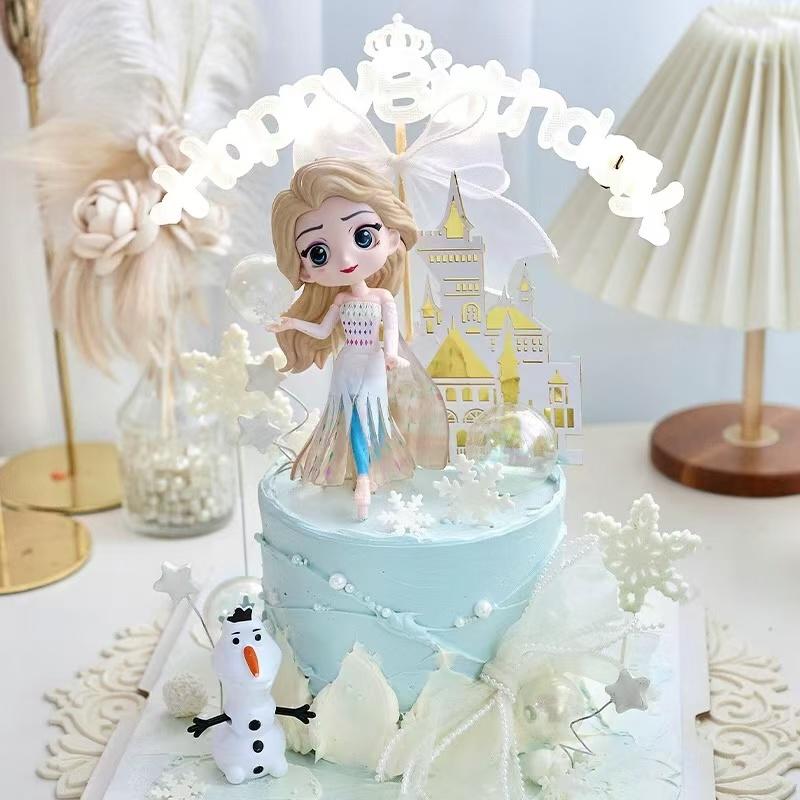 艾莎公主蛋糕装饰摆件生日快乐发光灯女孩安妮公主玉桂狗城堡插件