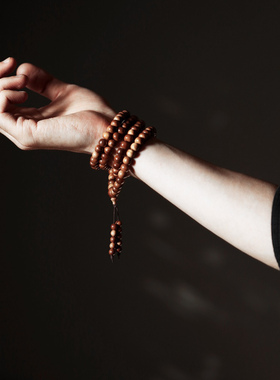 濮暹老山檀香手串女款108颗黑肉沉水7x8mm桶珠奶香木质佛珠男手链
