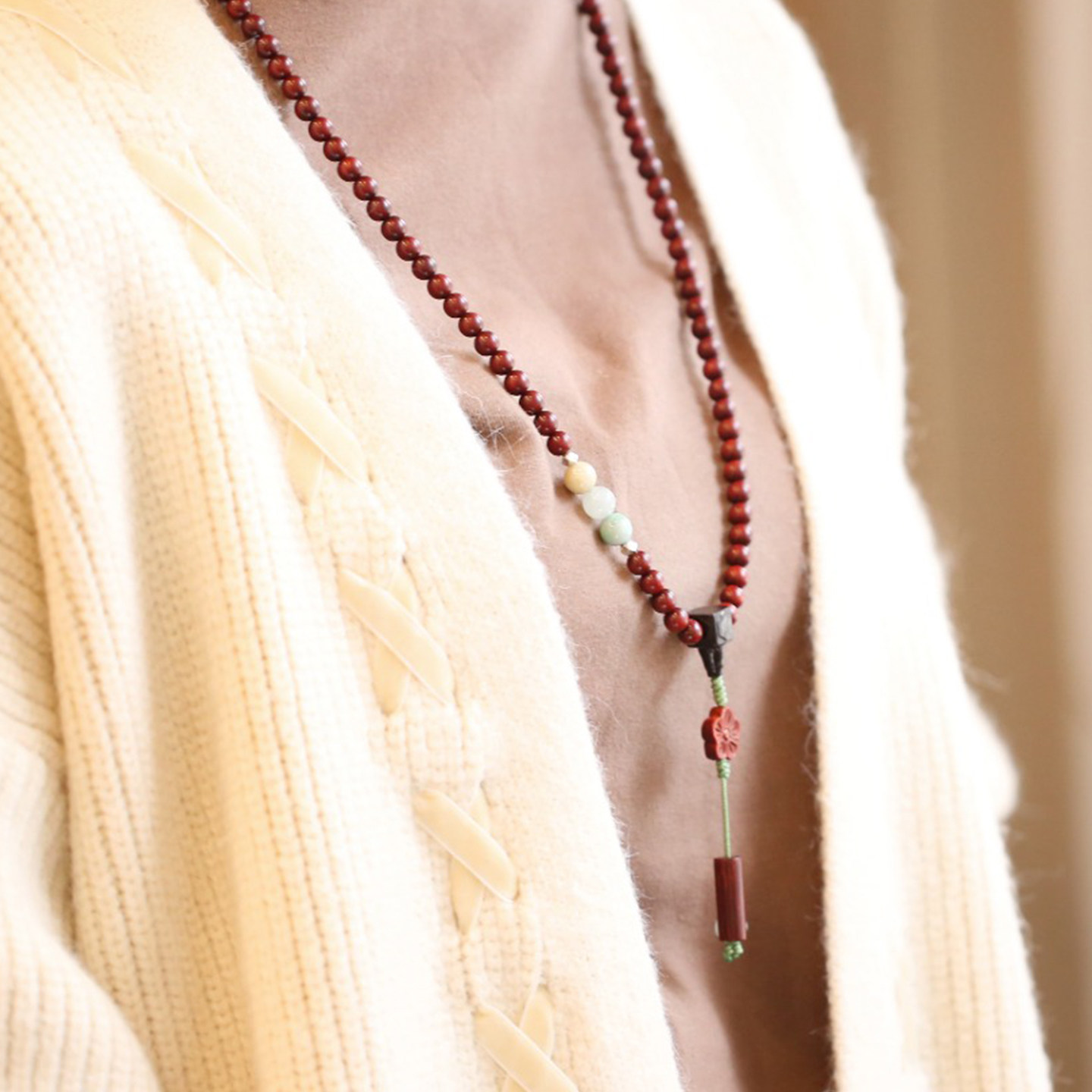 濮暹小叶紫檀木质项链女款6mm108颗鸡血红高密度老料脖挂手链双用