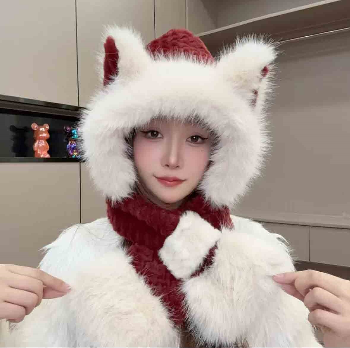 可爱毛茸茸狐狸耳朵帽子围巾一体女冬防寒围脖连帽学生骑车护耳帽