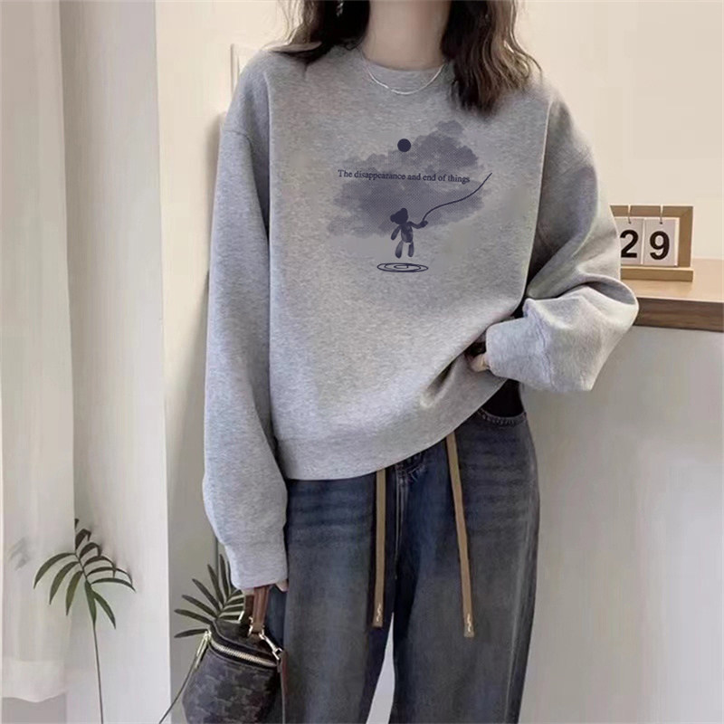 Round neck hoodie for women in autumn and winter, new style with added velvet and thick coat, loose and slimming, casual pullover top for spring and autumn, trendy