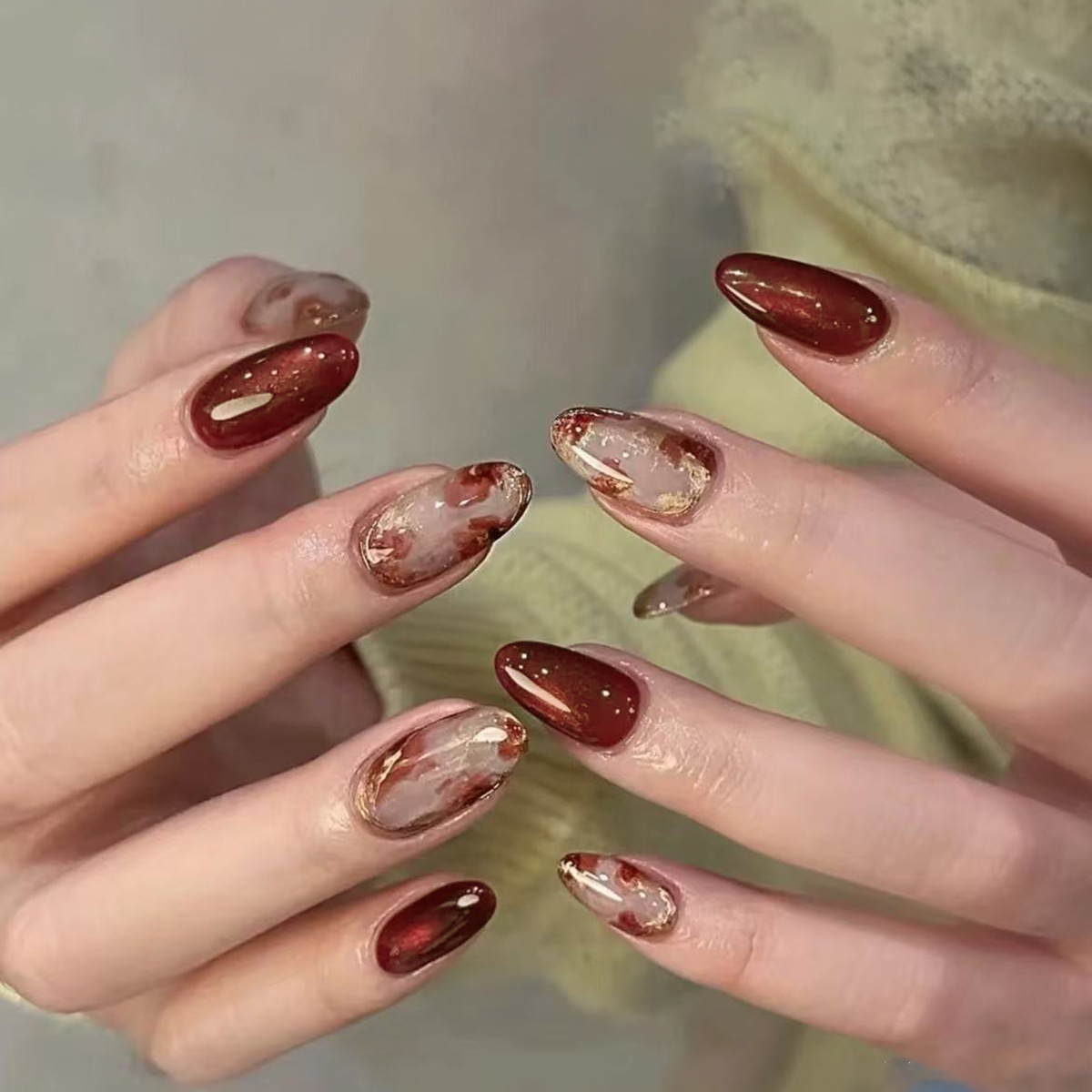 外贸立体猫眼琥珀晕染金箔欧美ins风穿戴甲24片press on nails