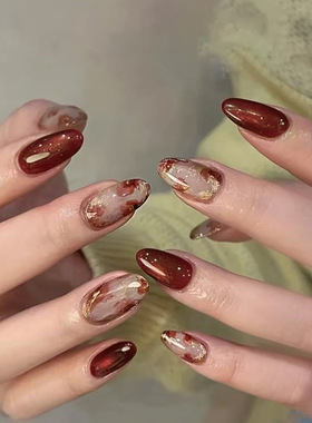 外贸立体猫眼琥珀晕染金箔欧美ins风穿戴甲24片press on nails