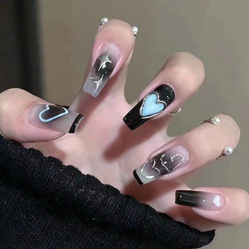 中长款芭蕾甲腮红黑色晕染爱心银色星星假指甲成品穿戴甲nails