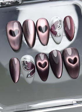 外贸立体蝴蝶猫眼镂空爱心豆欧美ins风可拆卸美甲24片 press on