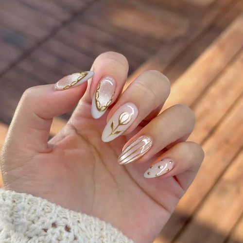 立体猫眼郁金香蕾丝法式可拆卸美甲24片press on nails