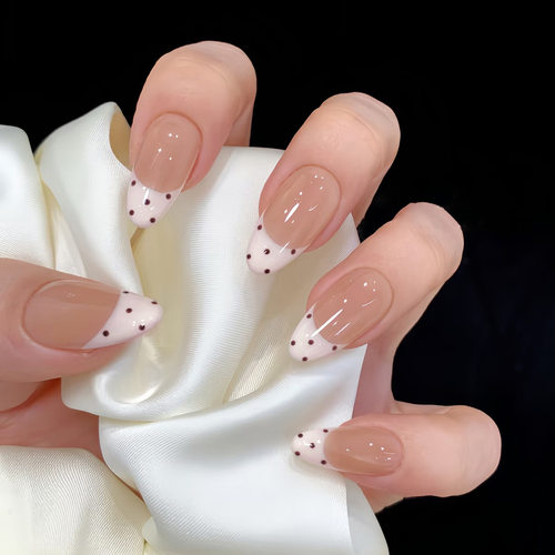 俏皮淡粉法式棕色波点甜美可拆卸穿戴甲30片press on nails