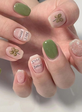 穿戴甲片可拆卸短方指甲片春夏美甲贴片小清新绿色假指甲片24片