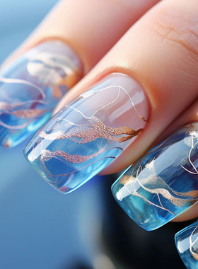 欧美中长款欧方型清凉蓝色晕染美甲金箔线条穿戴甲nails