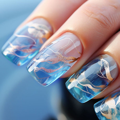 欧美中长款欧方型清凉蓝色晕染美甲金箔线条穿戴甲nails