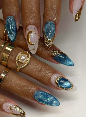 立体猫眼灵动深海鎏金星芒欧美风可拆卸美甲24片 press on nails