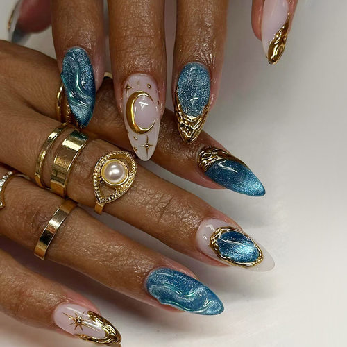 立体猫眼灵动深海鎏金星芒欧美风可拆卸美甲24片 press on nails