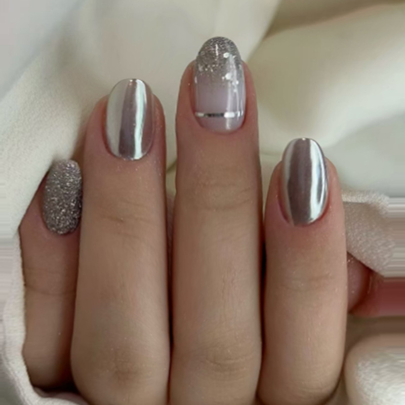 外贸银色细闪清冷短款椭圆百搭欧美风可拆卸美甲press on nails