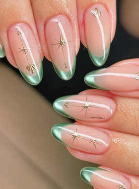 外贸猫眼星芒闪烁绿色法式清冷百搭欧美风可拆卸穿戴甲30片press