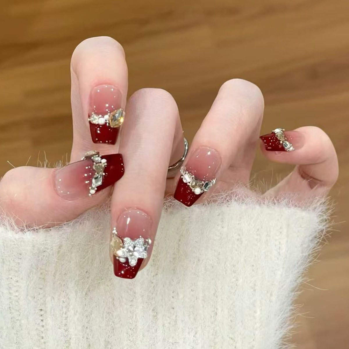 红色微醺酒红法式腮红闪钻香槟爱心欧美风可拆卸美甲片24片,彩妆/香水/美妆工具,美甲工具,淘宝优惠券,粉丝福利购,淘宝优惠卷