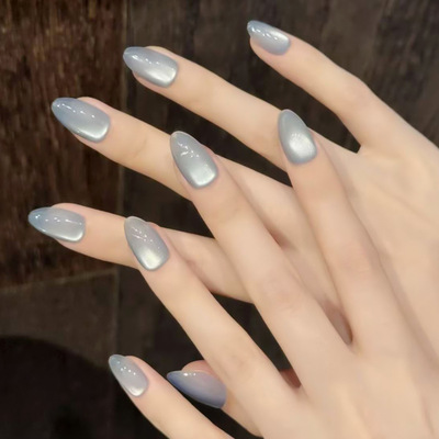 蓝色清冷通透简约猫眼ins风可拆卸美甲片30片press on nails