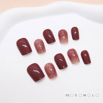 手工穿戴甲片酒红简约可拆卸美甲片纯色细闪假指甲短T指甲片分码