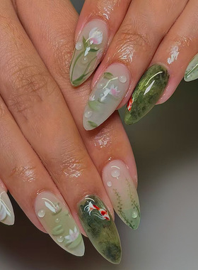 外贸立体夏日清新绿色荷花欧美风可拆卸美甲片24片press on