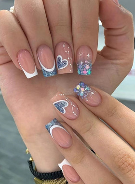 中长款法式美甲爆闪爱心假指甲欧美ins风穿戴式甜妹美甲片nails