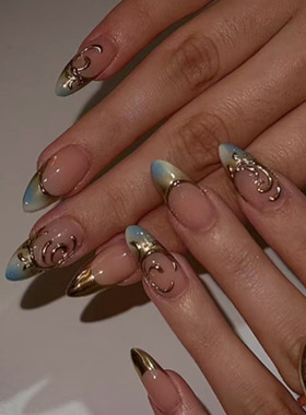 立体鎏金线条法式奶蓝晕染欧美风可拆卸美甲30片press on nails