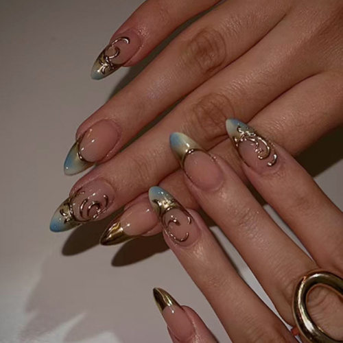 立体鎏金线条法式奶蓝晕染欧美风可拆卸美甲30片press on nails