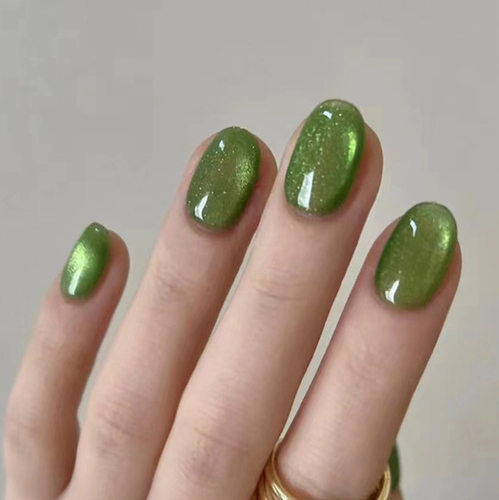欧美爆闪自然绿森林显白美甲椭圆形欧美ins风假指甲nails