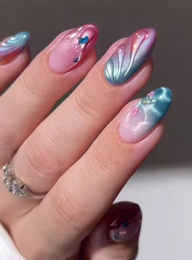 外贸立体波纹蓝色渐变小花猫眼欧美风ins穿戴甲24片press on