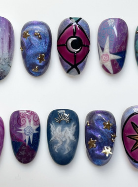 立体蓝色星际幻想欧美ins风可拆卸美甲片24片press on nails