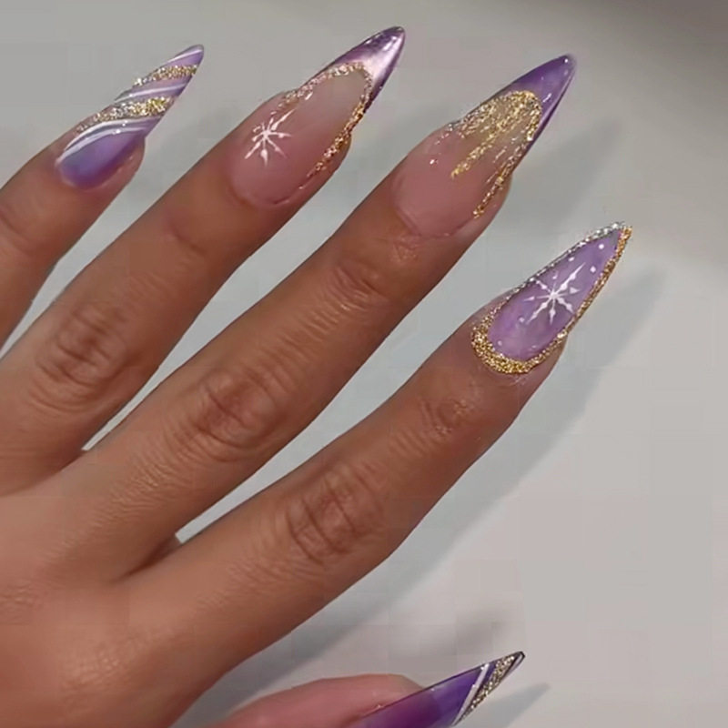 梦幻紫色猫眼法式细闪雪花欧美风可拆卸美甲24片press on nails,彩妆/香水/美妆工具,美甲工具,淘宝优惠券,粉丝福利购,淘宝优惠卷