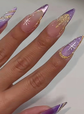梦幻紫色猫眼法式细闪雪花欧美风可拆卸美甲24片press on nails