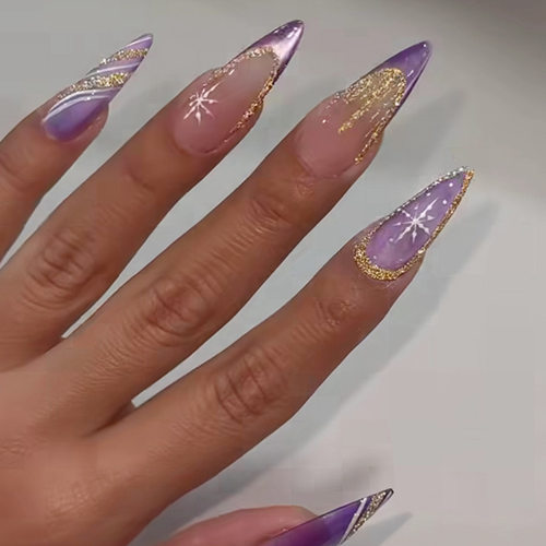 梦幻紫色猫眼法式细闪雪花欧美风可拆卸美甲24片press on nails
