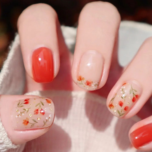 外贸橘红甜美小花细闪欧美ins风可拆卸美甲片24片press on nails