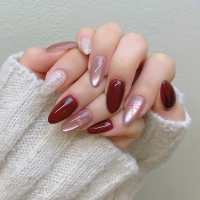 外贸猫眼细闪蝴蝶结温柔欧美风可拆卸美甲片24片press on nails