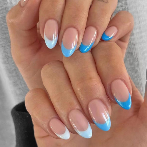 中长款法式杏仁甲夏日清新蓝白配色欧美ins风假指甲成品混批nails