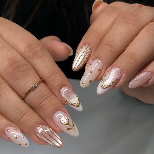 外贸立体猫眼鎏金花朵波点欧美风可拆卸美甲24片press on nails