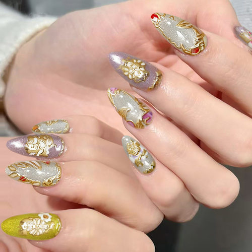 猫眼立体不规则鎏金繁花欧美风可拆卸穿戴甲30片press on nails