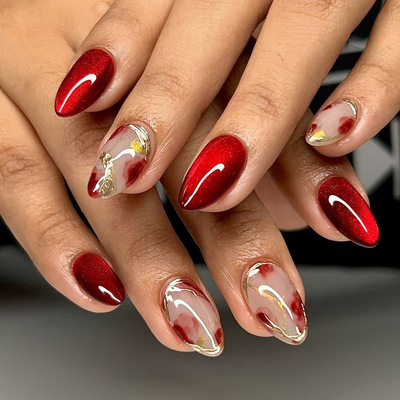 立体猫眼鎏金线条红色晕染欧美风可拆卸穿戴甲30片press on nails