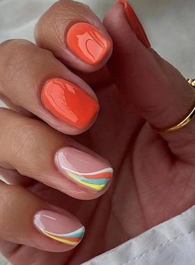 中长款欧方型简约条纹多色彩虹美甲时尚欧美ins风暖橙色美甲片
