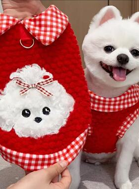 泰迪比熊新年可牵引秋冬加绒宠物猫咪狗狗过年衣服红色格子