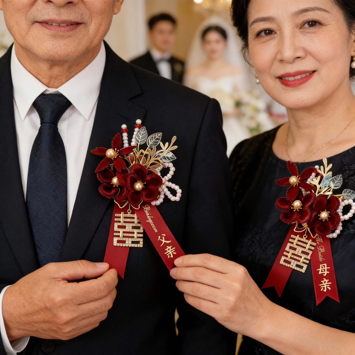 新郎新娘胸花结婚用酒红丝绒高级感父亲母亲胸针全套家人婚礼襟花