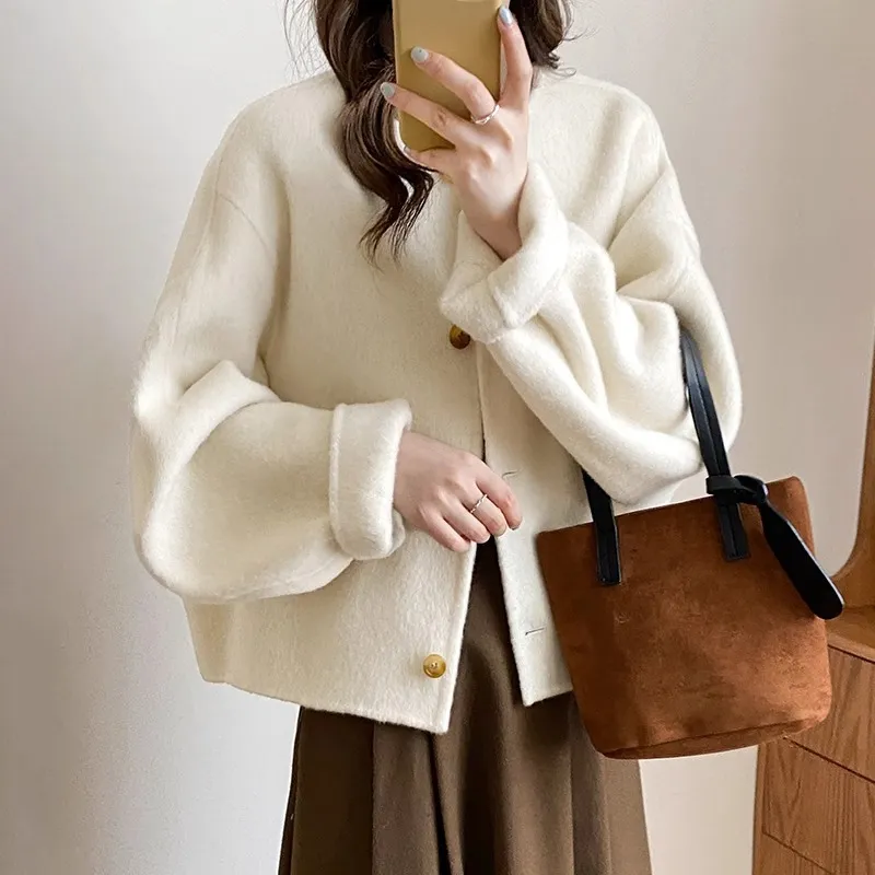 新款双面羊毛大衣短款小个子大袖子廓版加厚羊绒双面长毛保暖外套