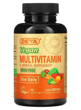 Deva,全素食多维生素和矿物质补充剂，含蔬菜，无铁，90 片包衣片