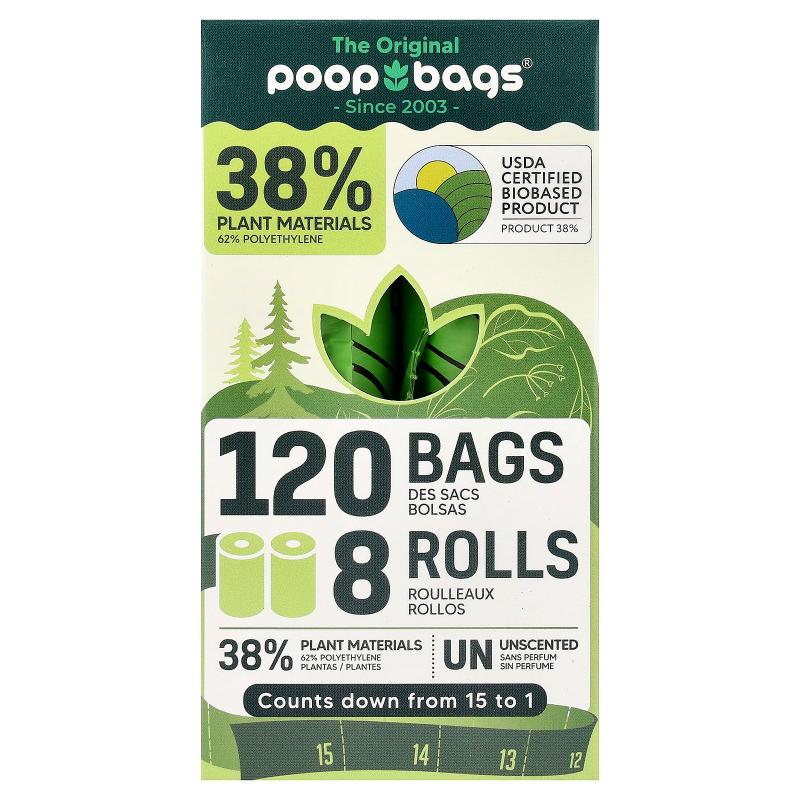 Original Poop Bags,Unscented, 8 Rolls, 15 Bags Each
