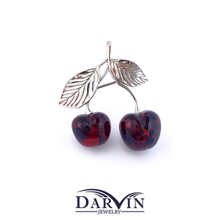 原创设计天然琥珀蜜蜡925银血珀花珀樱桃胸针吊坠两用款 DARVIN